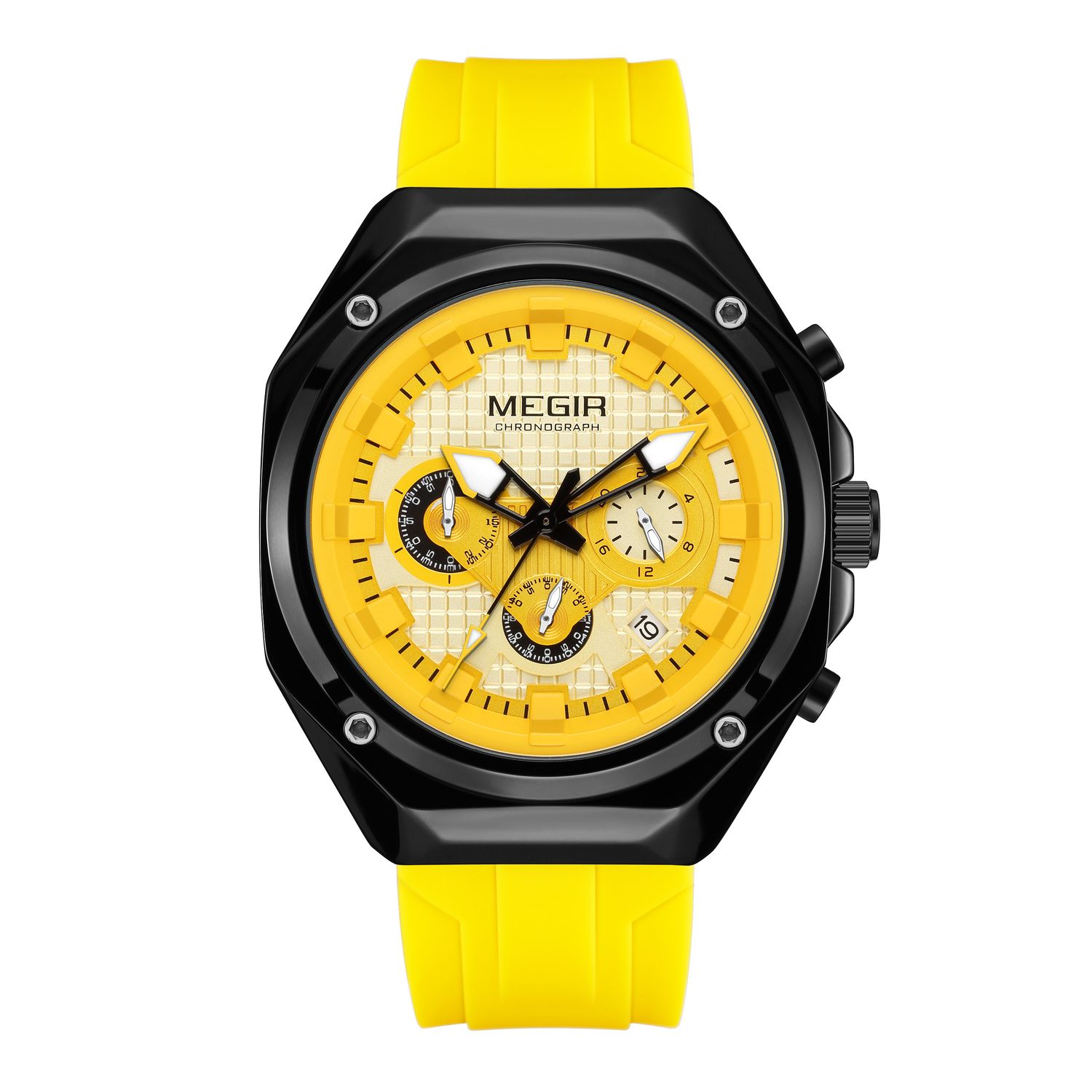 MEGIR 8118 men's chronograph watch, black case, yellow dial with date and yellow silicone strap, front view