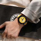 MEGIR 8118 chronograph watch on the wrist, black case, yellow dial and yellow silicone strap