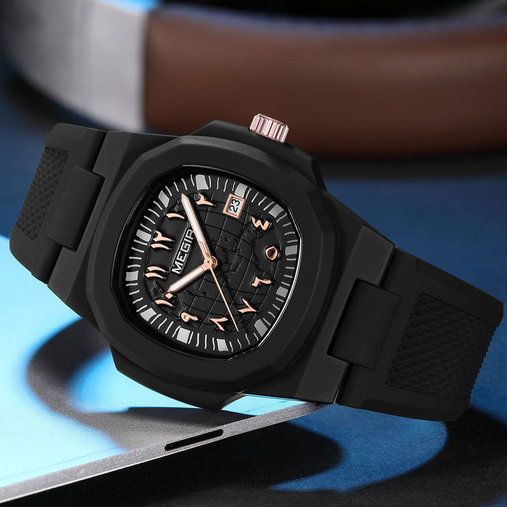 MEGIR 8119 men's quartz watch, black case, rose-gold Arabic numerals and black silicone strap, angled view