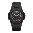MEGIR 8119 men's quartz watch, black case, rose-gold Arabic numerals with date and black silicone strap, front view