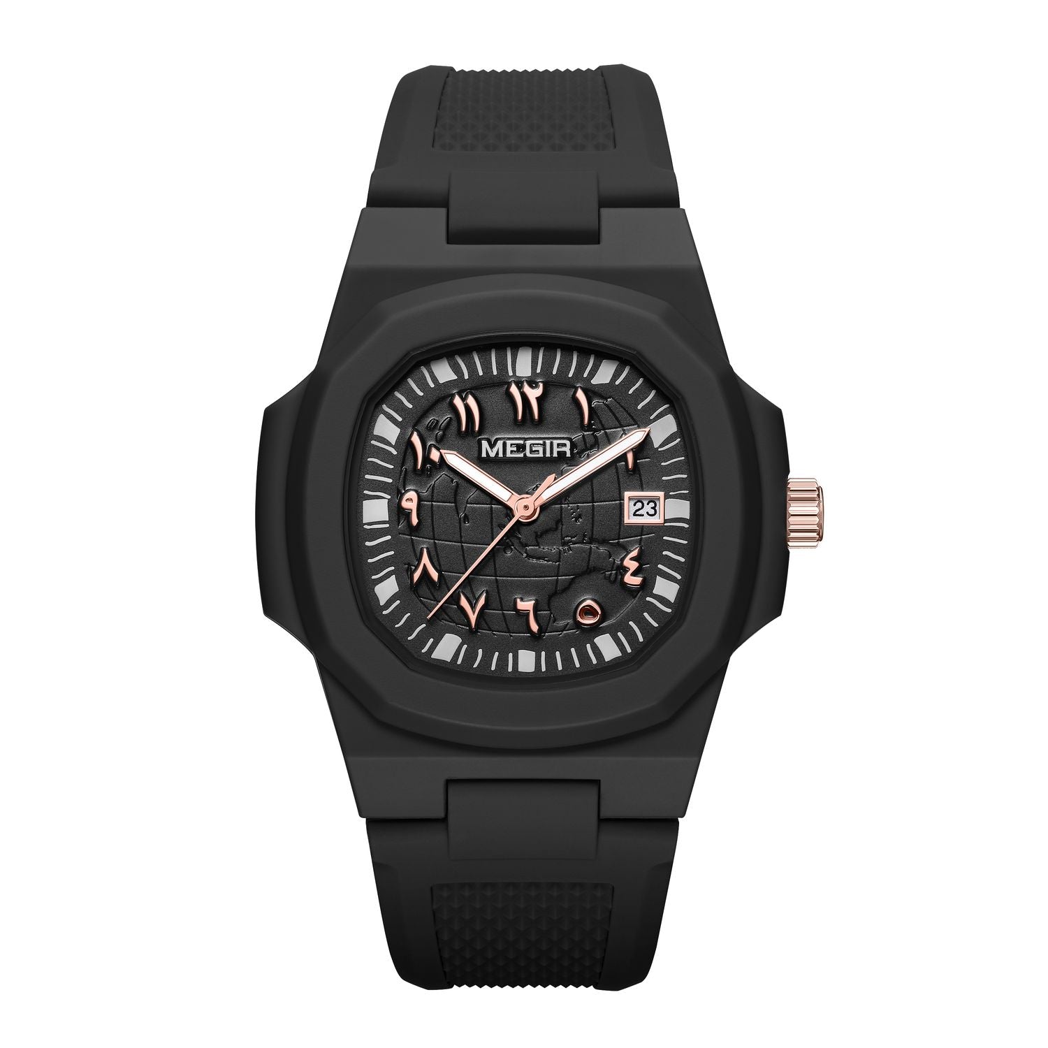 MEGIR 8119 men's quartz watch, black case, rose-gold Arabic numerals with date and black silicone strap, front view