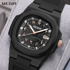 MEGIR 8119 men's quartz watch, black case, rose-gold Arabic numerals and black silicone strap, front