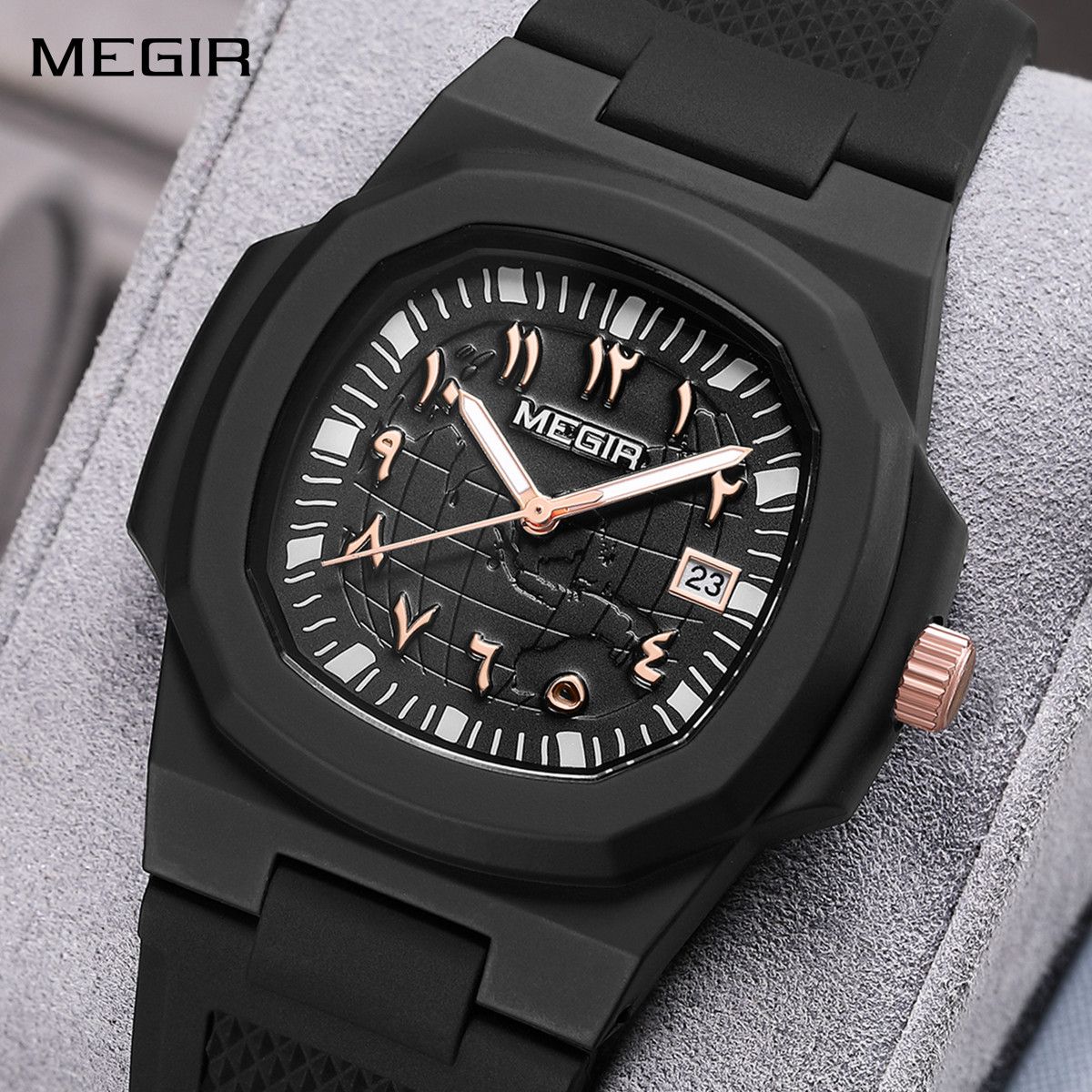 MEGIR 8119 men's quartz watch, black case, rose-gold Arabic numerals and black silicone strap, front