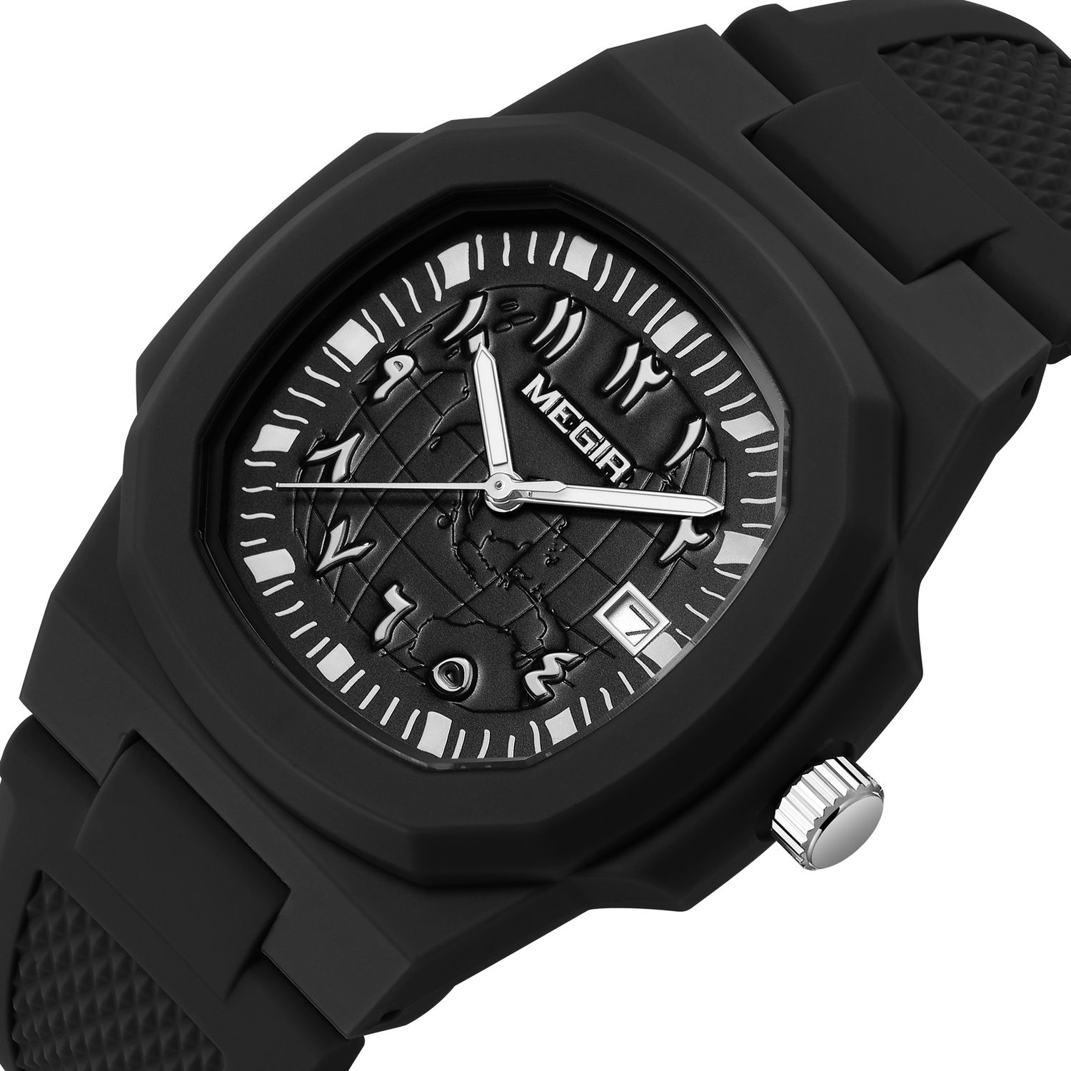 MEGIR 8119 men's quartz watch, black case, white Arabic numerals and black silicone strap, angled view