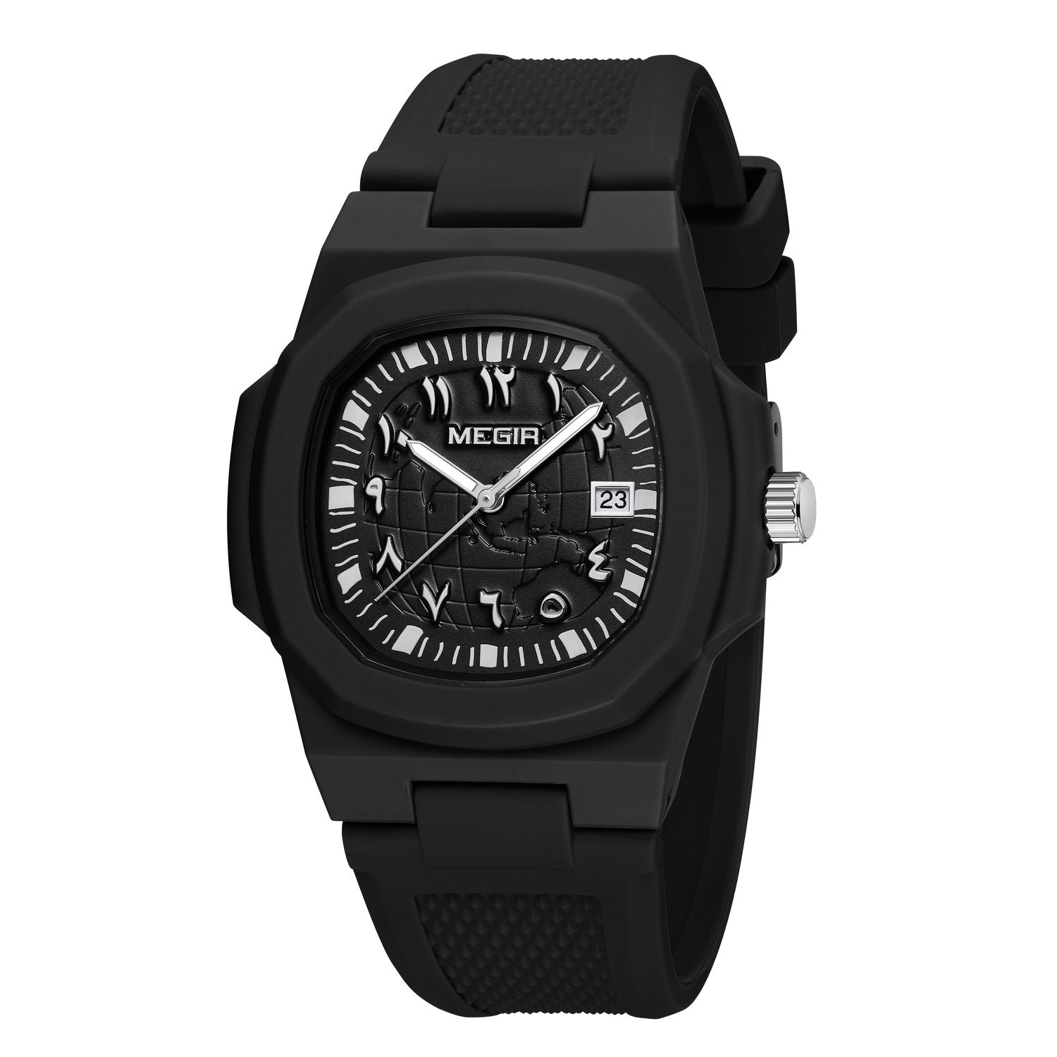 MEGIR 8119 men's quartz watch, black case, white Arabic numerals with date and black silicone strap, front view