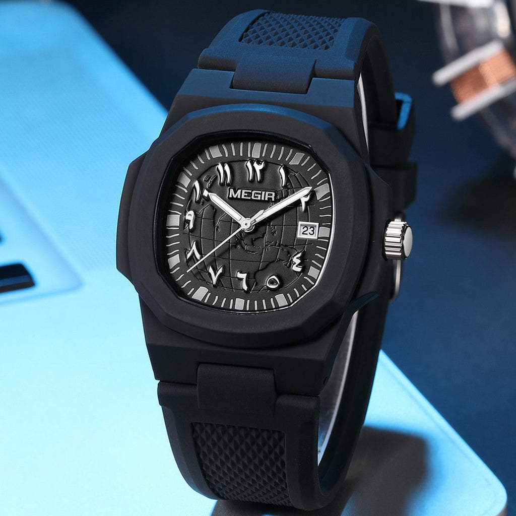 MEGIR 8119 men's quartz watch, navy blue case, blue dial and blue silicone strap, angled view