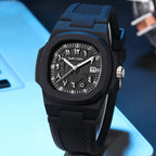 MEGIR 8119 men's quartz watch, navy blue case, blue dial and blue silicone strap, angled view