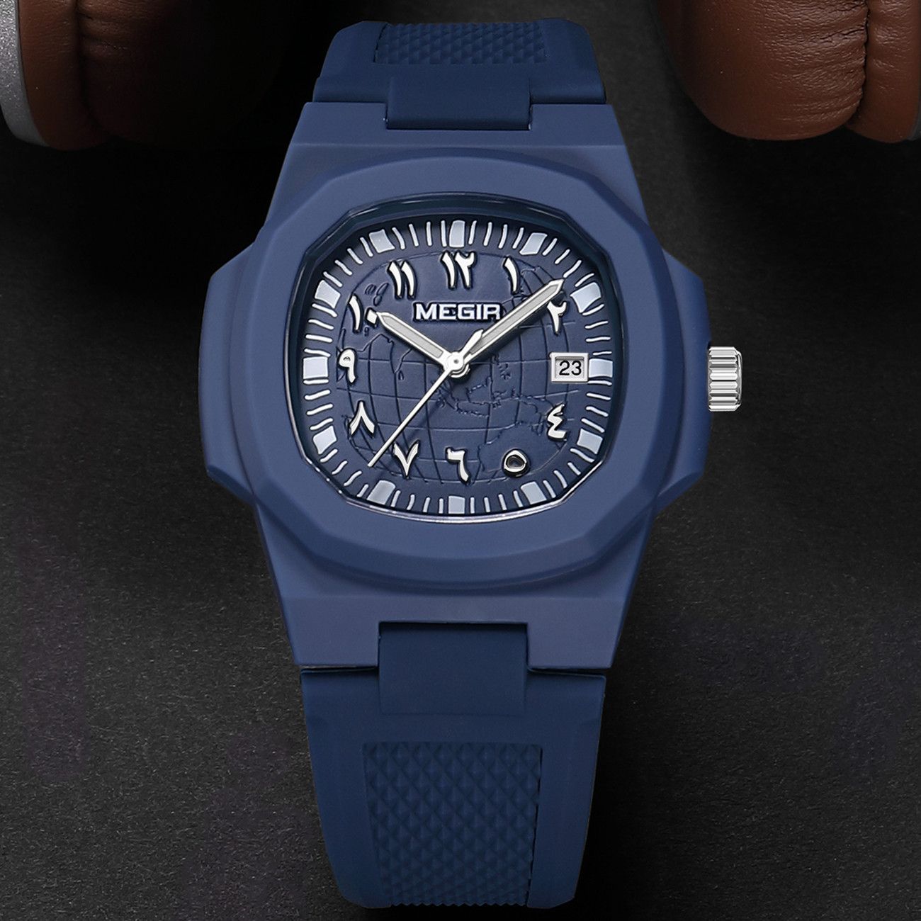 MEGIR 8119 men's quartz watch, navy blue case, blue dial with date and blue silicone strap, front view