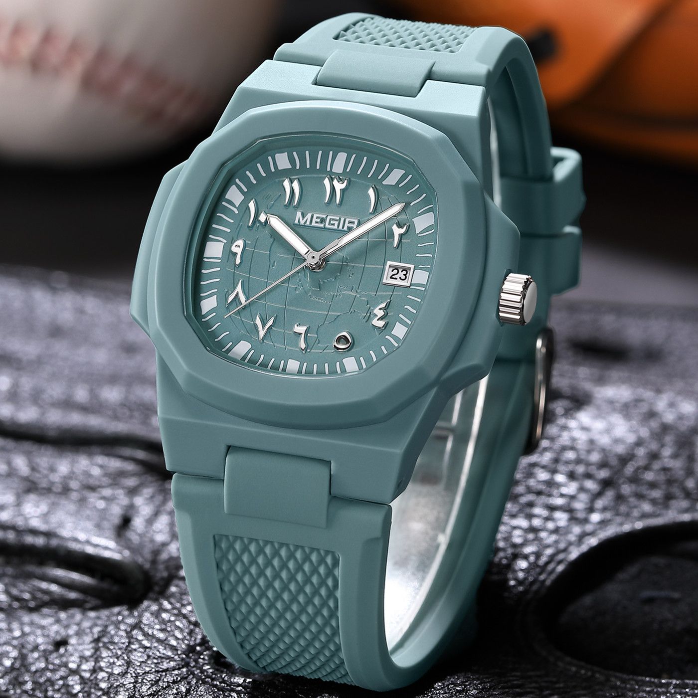 MEGIR 8119 men's quartz watch, green case, green dial and green silicone strap, angled view