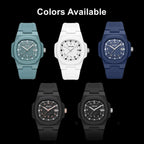 MEGIR 8119 quartz watch colors available graphic showing green, white, blue and two black options