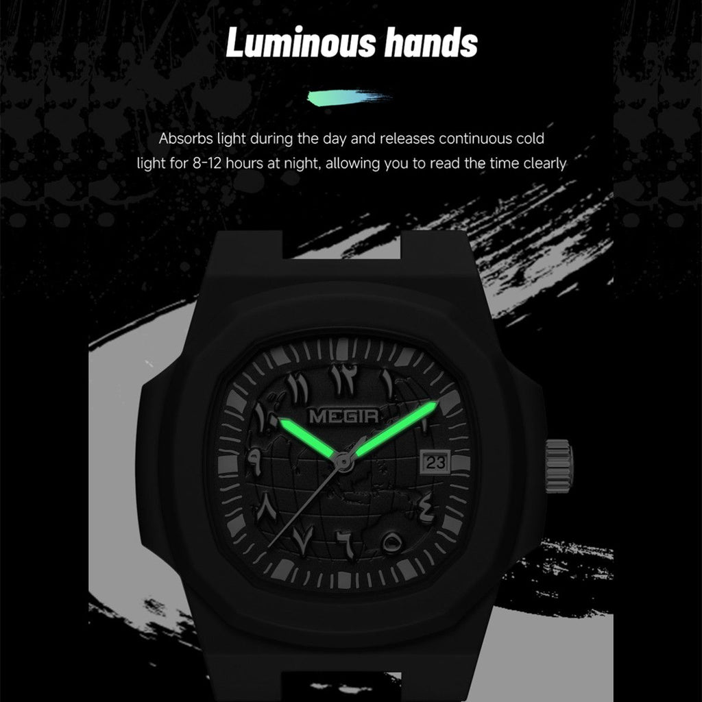 MEGIR 8119 quartz watch luminous hands feature graphic with glowing hour and minute hands