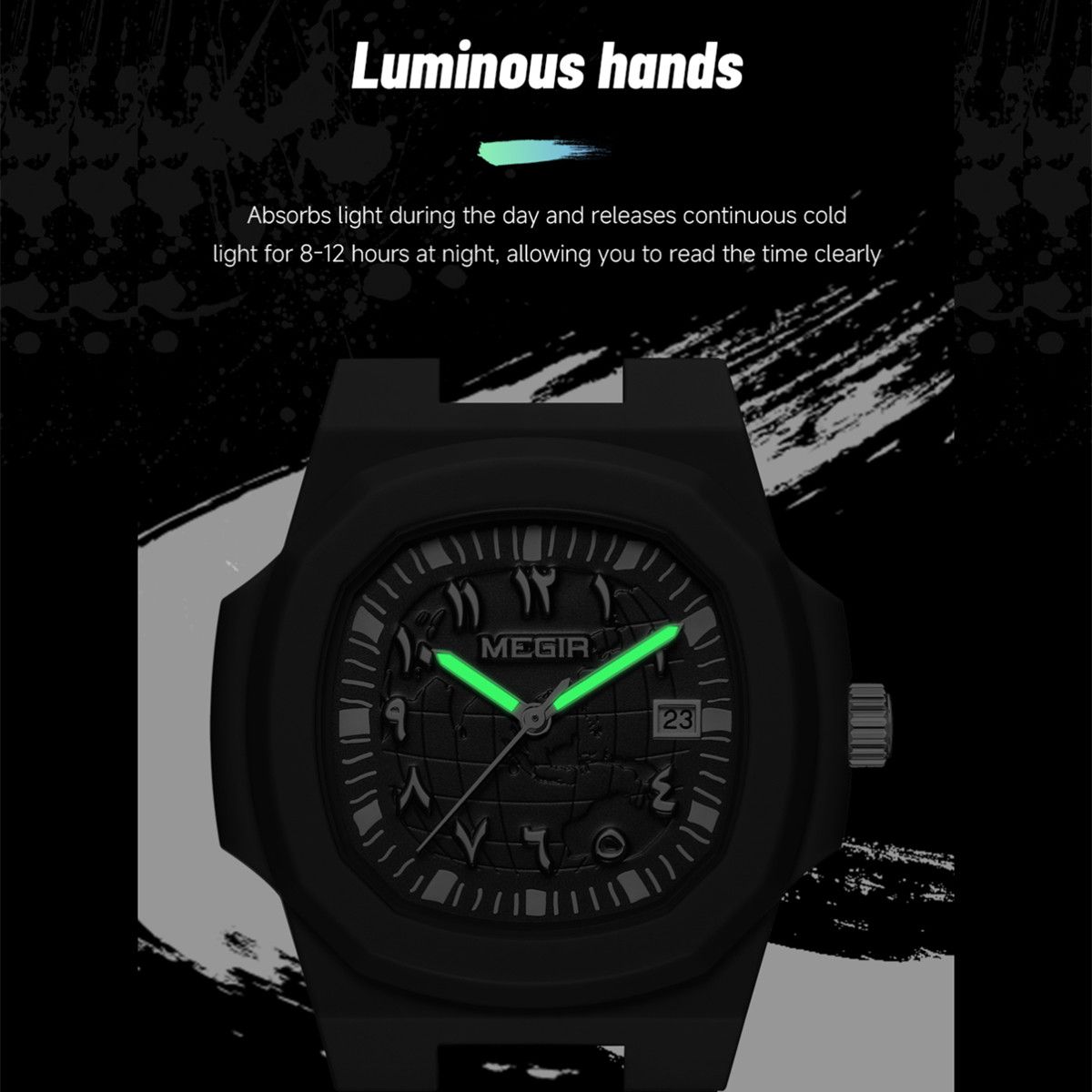 MEGIR 8119 quartz watch luminous hands feature graphic with glowing hour and minute hands