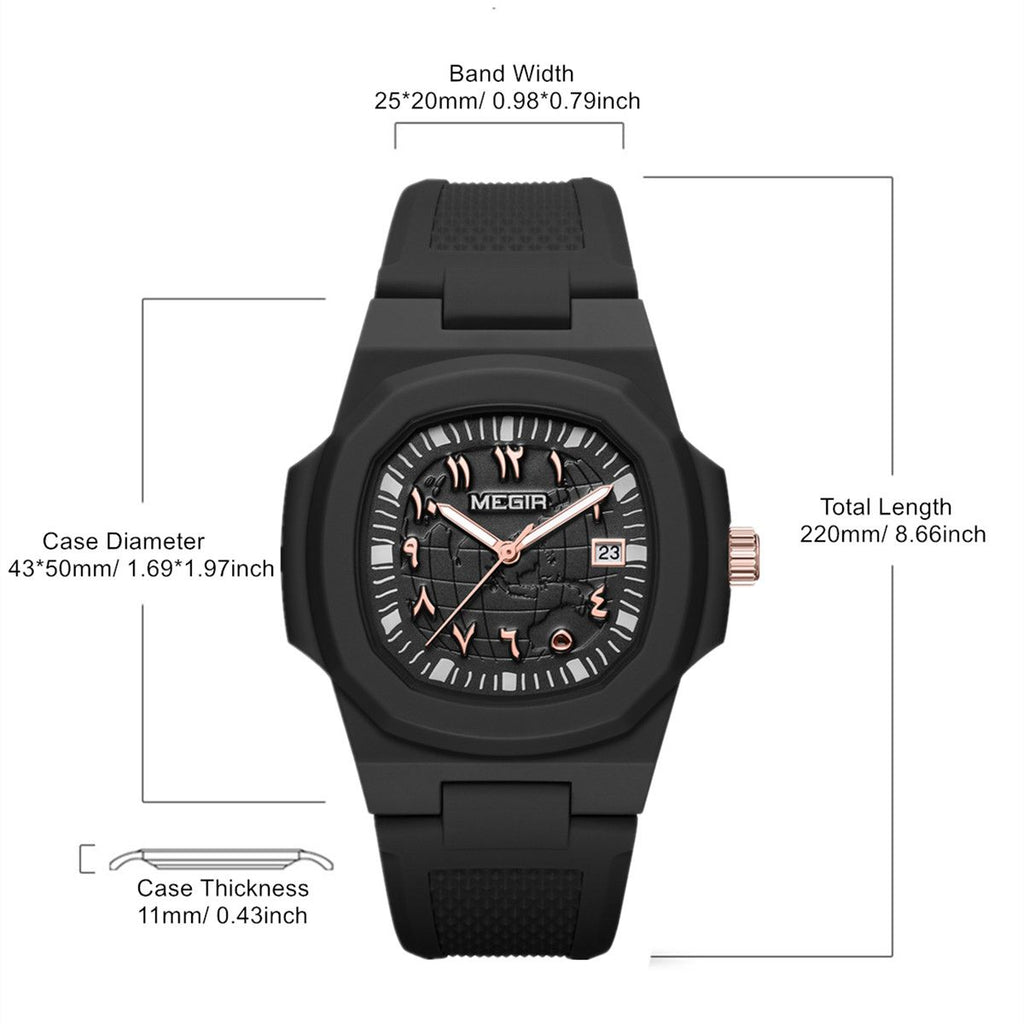 MEGIR 8119 quartz watch parameters graphic with case size and band width details, black model