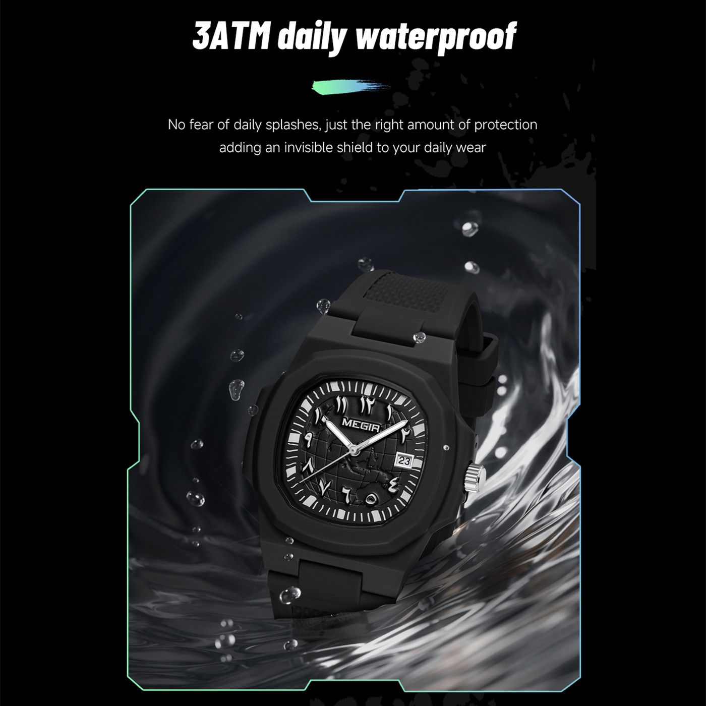 MEGIR 8119 quartz watch 3ATM daily waterproof feature graphic, black case with splashing water