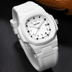 MEGIR 8119 men's quartz watch, white case, white dial and white silicone strap, angled view