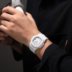 MEGIR 8119 quartz watch on the wrist, white case, white dial and white silicone strap