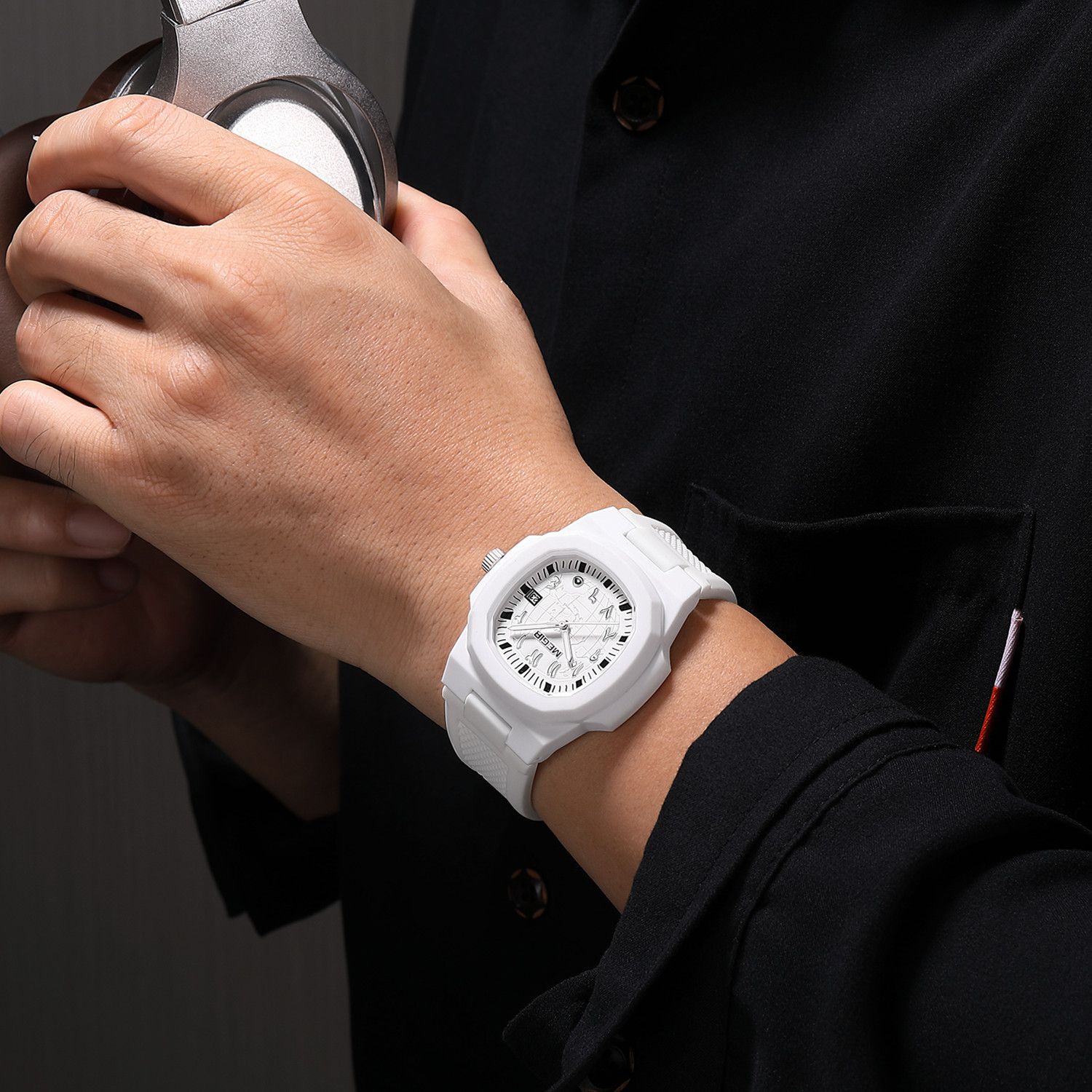 MEGIR 8119 quartz watch on the wrist, white case, white dial and white silicone strap