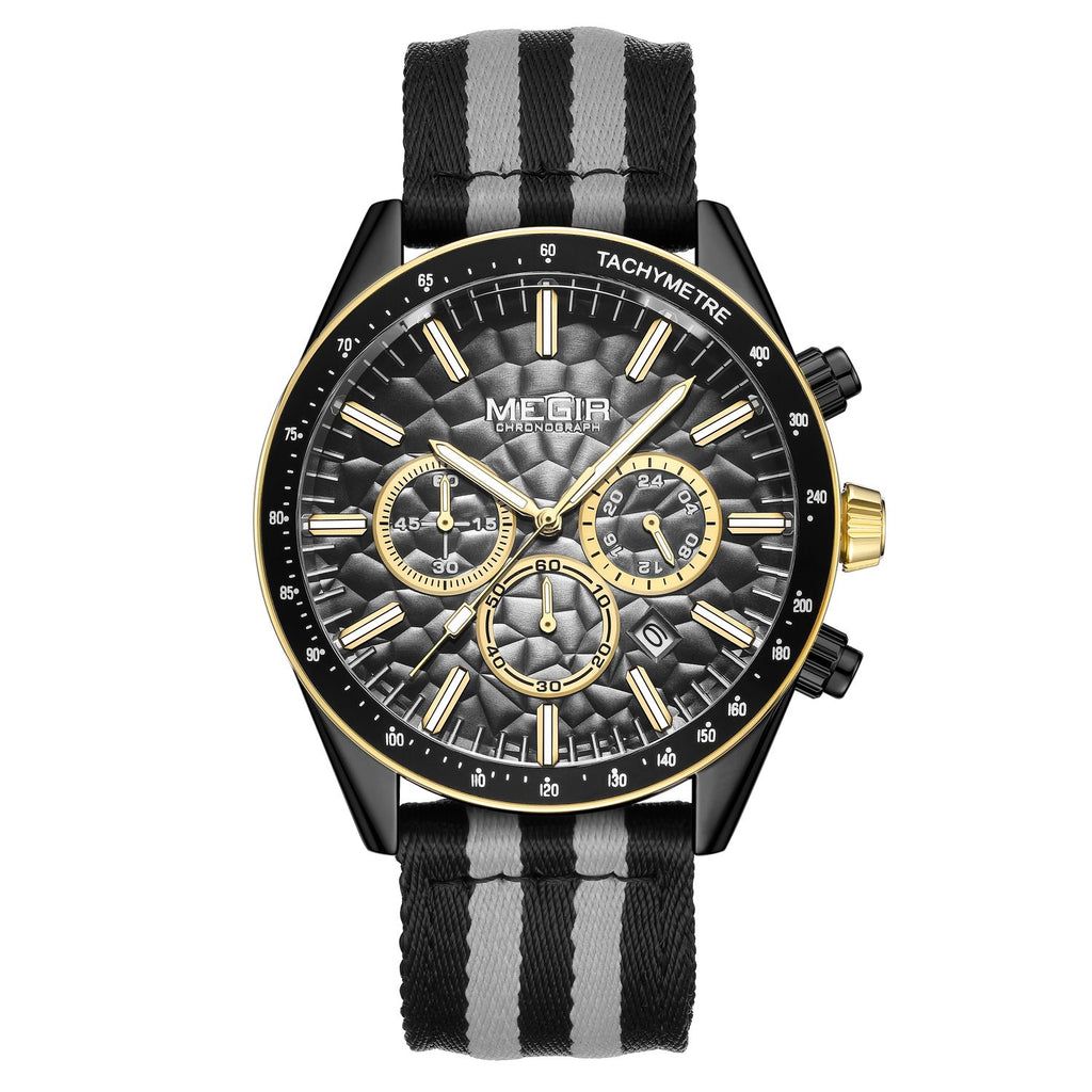 MEGIR 8121 men's chronograph watch, black case, grey dial with gold accents and black-grey nylon strap, front view