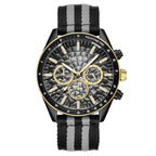 MEGIR 8121 men's chronograph watch, black case, grey dial with gold accents and black-grey nylon strap, front view
