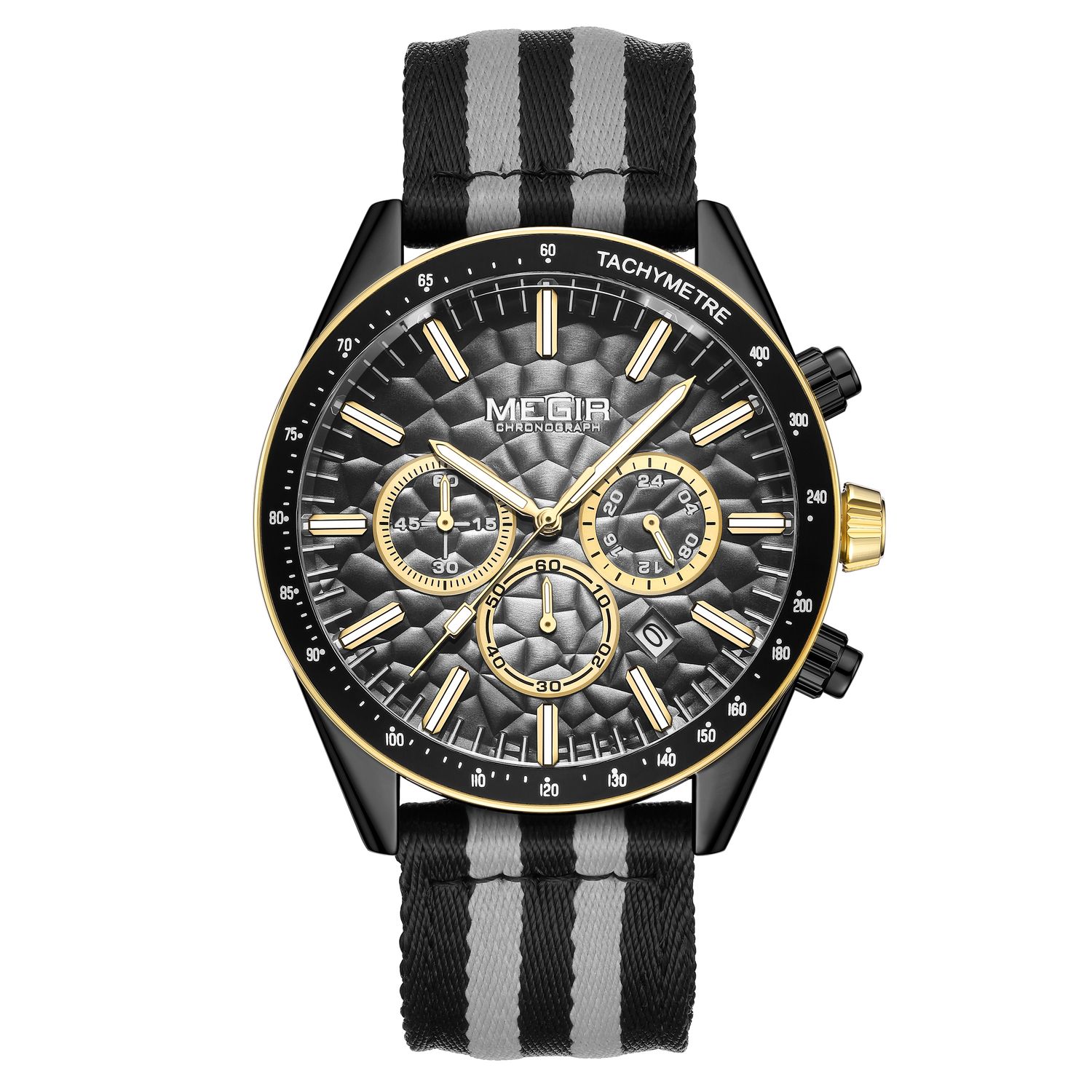 MEGIR 8121 men's chronograph watch, black case, grey dial with gold accents and black-grey nylon strap, front view