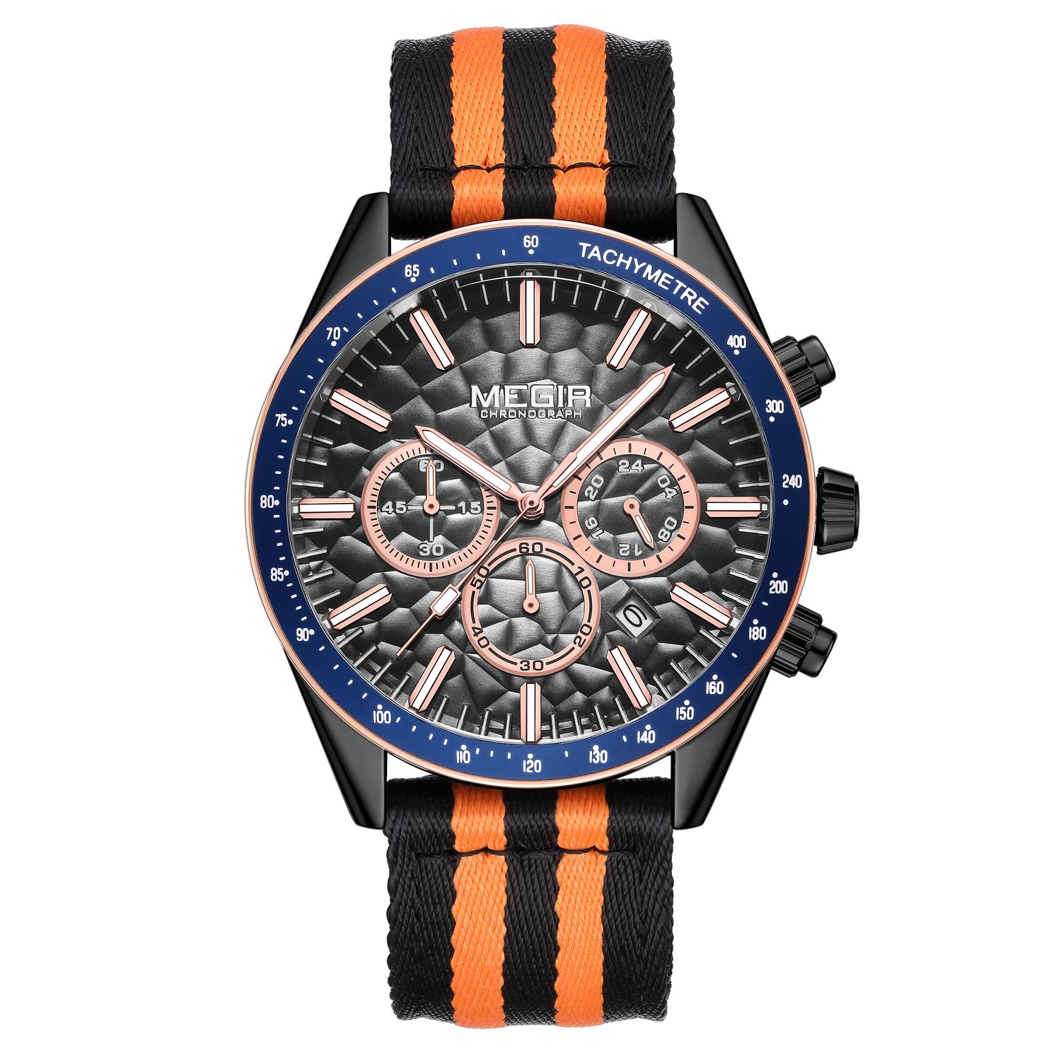 MEGIR 8121 men's chronograph watch, black case, grey dial with rose-gold accents and black-orange nylon strap, front view