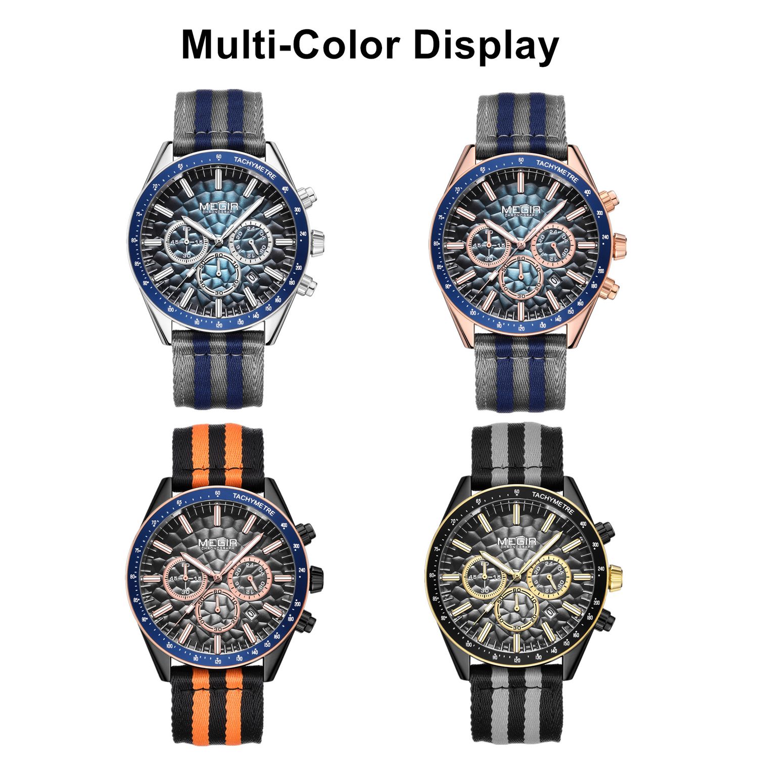 MEGIR 8121 chronograph watch multi-color display graphic showing four case and strap options