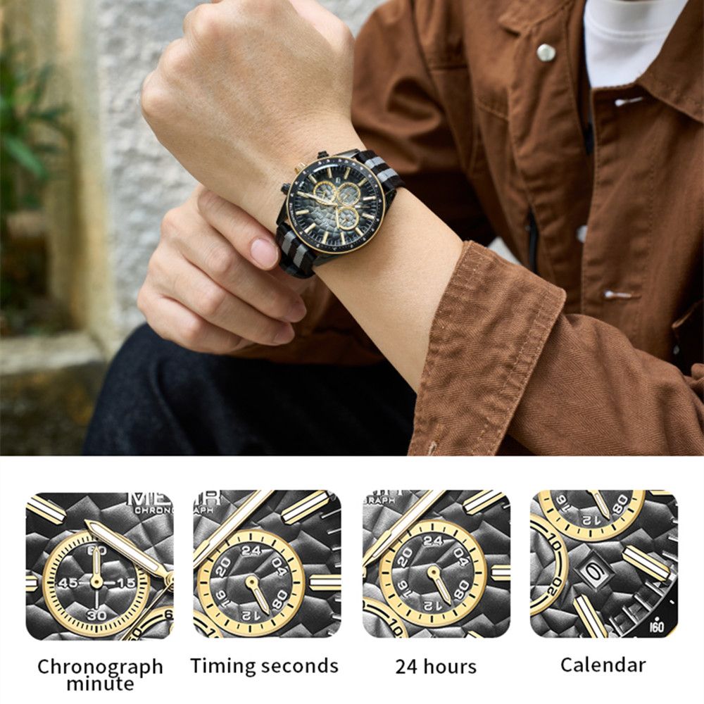 MEGIR 8121 chronograph watch function graphic showing chronograph minute, timing seconds, 24-hour and calendar sub-dials