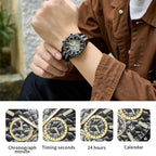 MEGIR 8121 chronograph watch function graphic showing chronograph minute, timing seconds, 24-hour and calendar sub-dials