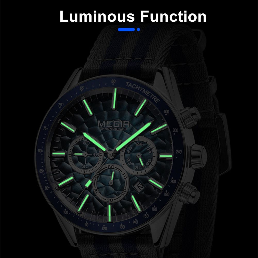 MEGIR 8121 chronograph watch luminous function feature graphic with glowing dial markers