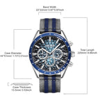MEGIR 8121 chronograph watch parameters graphic with case size and band width details, silver-blue model