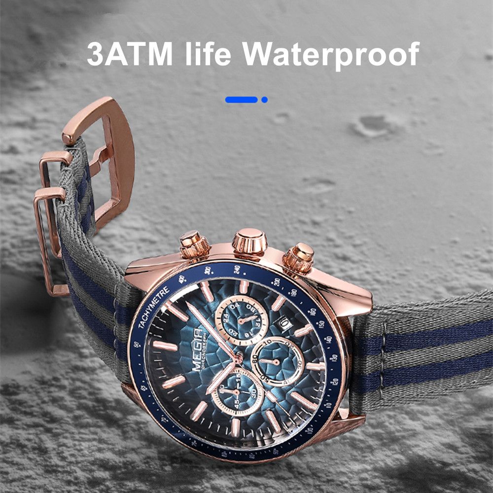 MEGIR 8121 chronograph watch 3ATM life waterproof feature graphic, rose-gold case with blue dial
