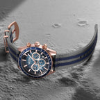 MEGIR 8121 men's chronograph watch, rose-gold case, blue dial and grey-blue nylon strap, angled view