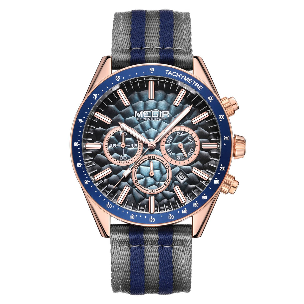 MEGIR 8121 men's chronograph watch, rose-gold case, blue dial with date and grey-blue nylon strap, front view
