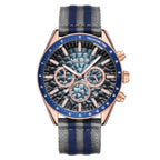 MEGIR 8121 men's chronograph watch, rose-gold case, blue dial with date and grey-blue nylon strap, front view