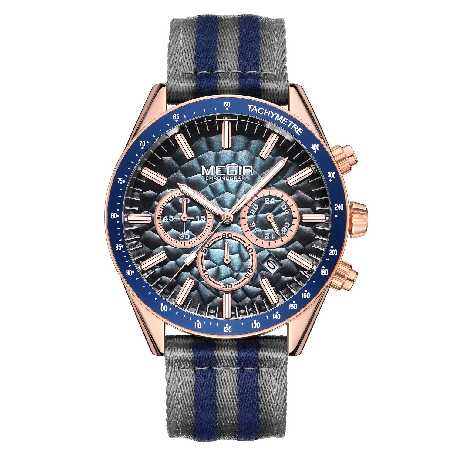 MEGIR 8121 men's chronograph watch, rose-gold case, blue dial with date and grey-blue nylon strap, front view