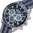 MEGIR 8121 men's chronograph watch, silver case, blue textured dial and grey-blue nylon strap, close-up angle