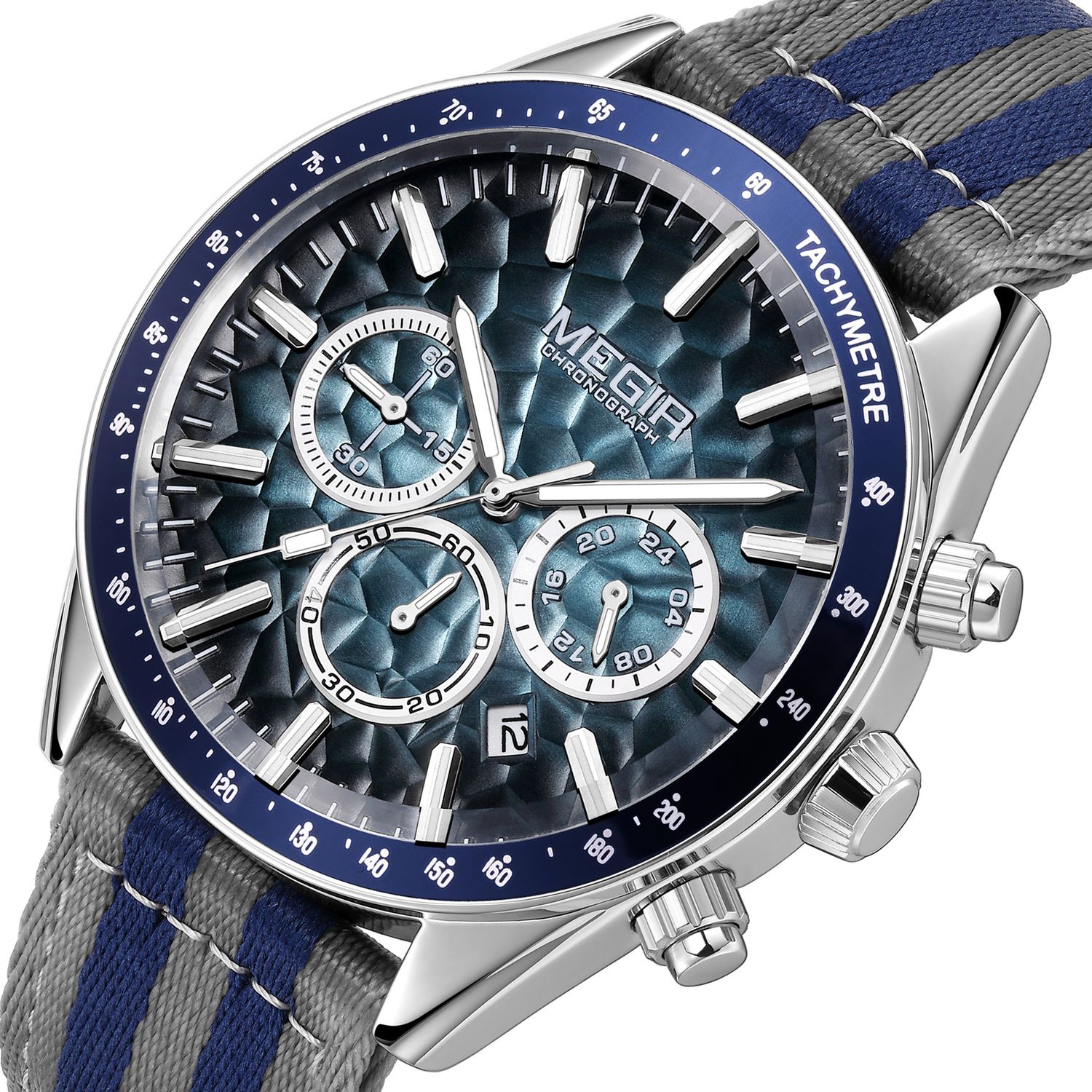MEGIR 8121 men's chronograph watch, silver case, blue textured dial and grey-blue nylon strap, close-up angle