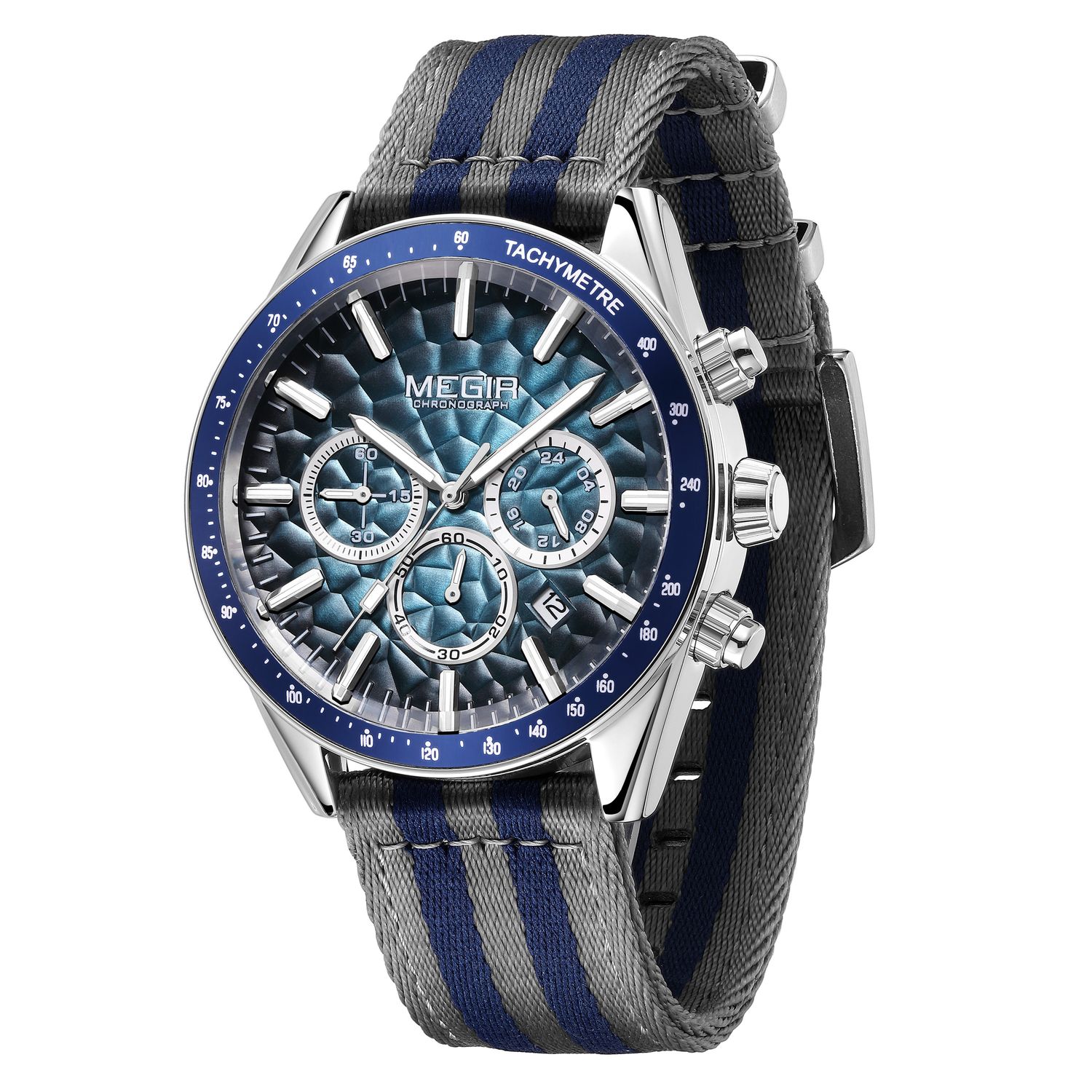 MEGIR 8121 men's chronograph watch, silver case, blue dial and grey-blue nylon strap, angled view