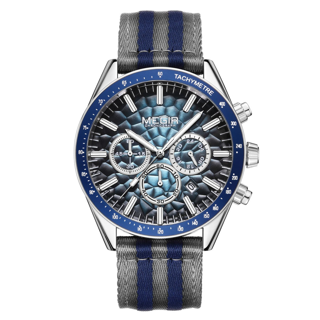 MEGIR 8121 men's chronograph watch, silver case, blue dial with date and grey-blue nylon strap, front view