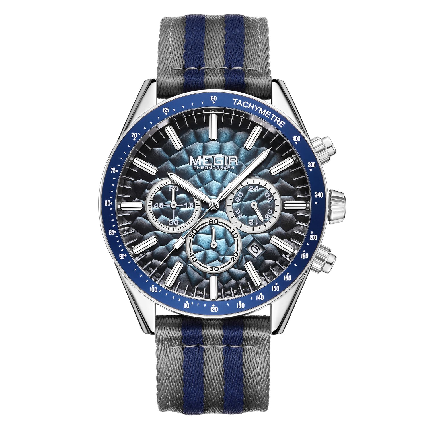 MEGIR 8121 men's chronograph watch, silver case, blue dial with date and grey-blue nylon strap, front view