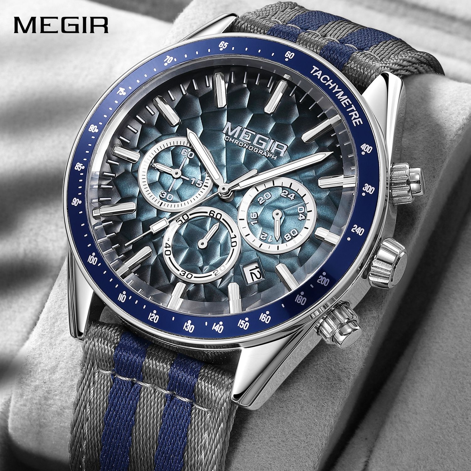 MEGIR 8121 men's chronograph watch, silver case, blue dial and grey-blue nylon strap, front