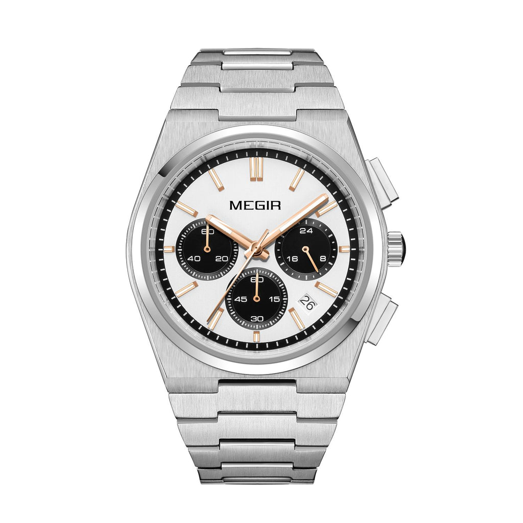 MEGIR 8402 men's chronograph watch, silver case, white dial with black sub-dials and steel bracelet, front view