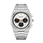 MEGIR 8402 men's chronograph watch, silver case, white dial with black sub-dials and steel bracelet, front view