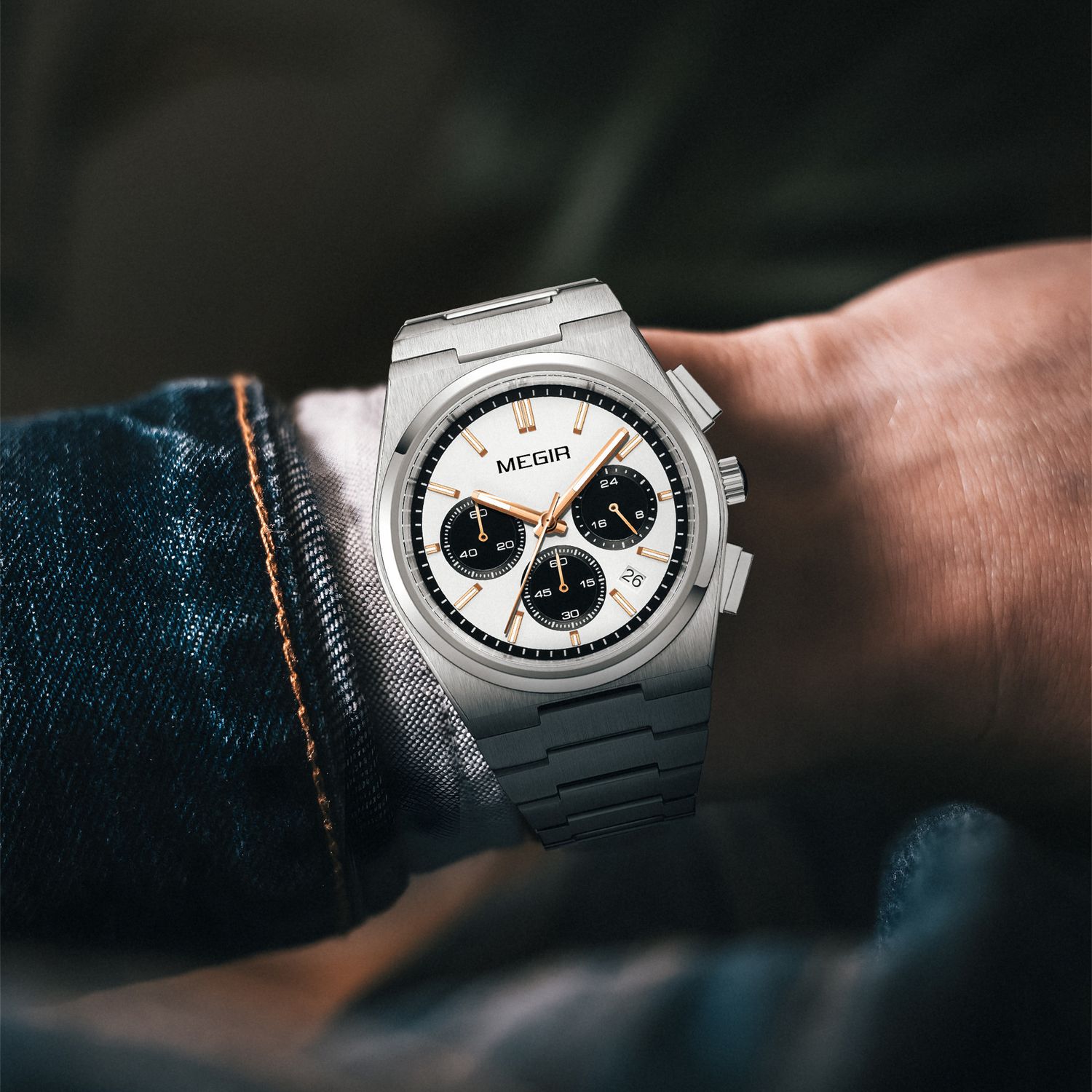 MEGIR 8402 chronograph watch on the wrist, silver case, white dial with black sub-dials and steel bracelet