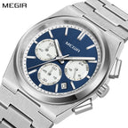 MEGIR 8402 men's chronograph watch, silver case, blue dial with white sub-dials, angled close-up