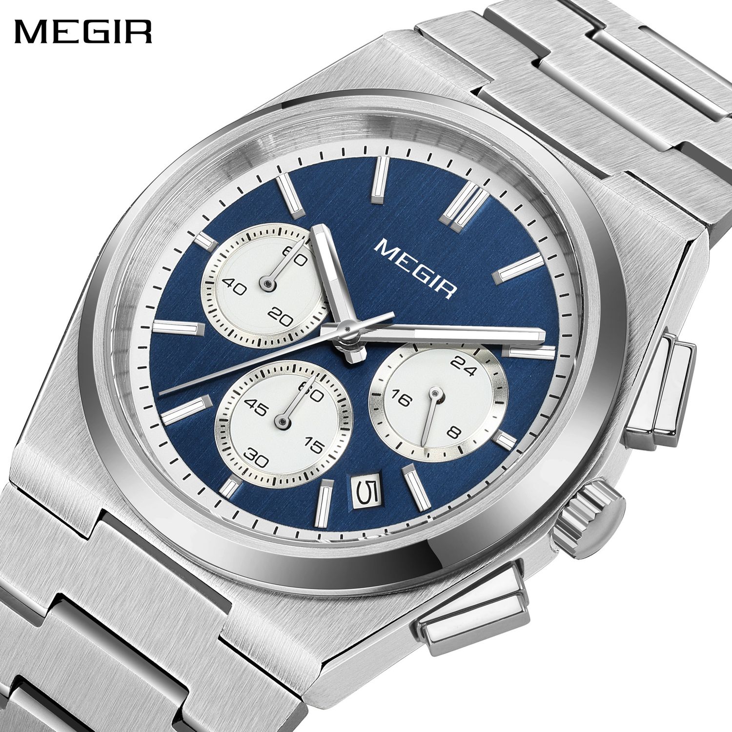 MEGIR 8402 men's chronograph watch, silver case, blue dial with white sub-dials, angled close-up