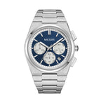 MEGIR 8402 men's chronograph watch, silver case, blue dial with date and steel bracelet, front view