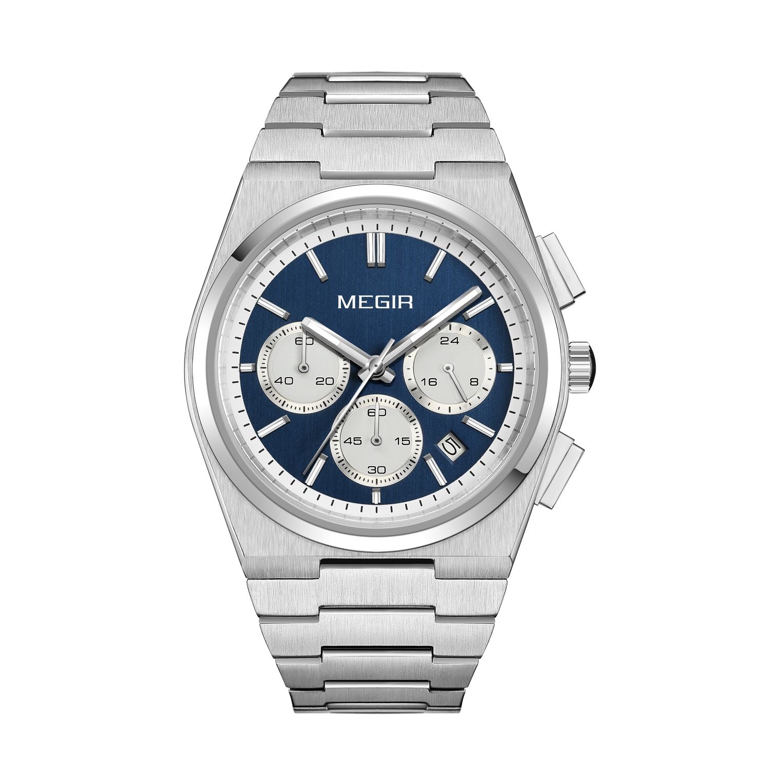 MEGIR 8402 men's chronograph watch, silver case, blue dial with date and steel bracelet, front view