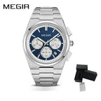 MEGIR 8402 men's chronograph watch, silver case, blue dial with sub-dials and steel bracelet, front