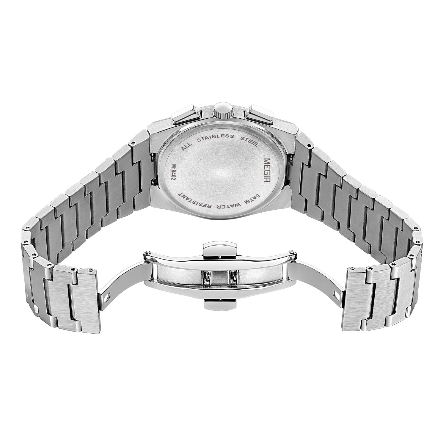 MEGIR 8402 chronograph watch caseback with brand engraving and steel bracelet
